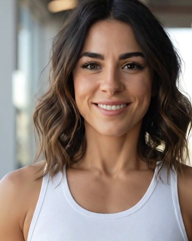 AI-generated spokesperson smiling in a bright gym